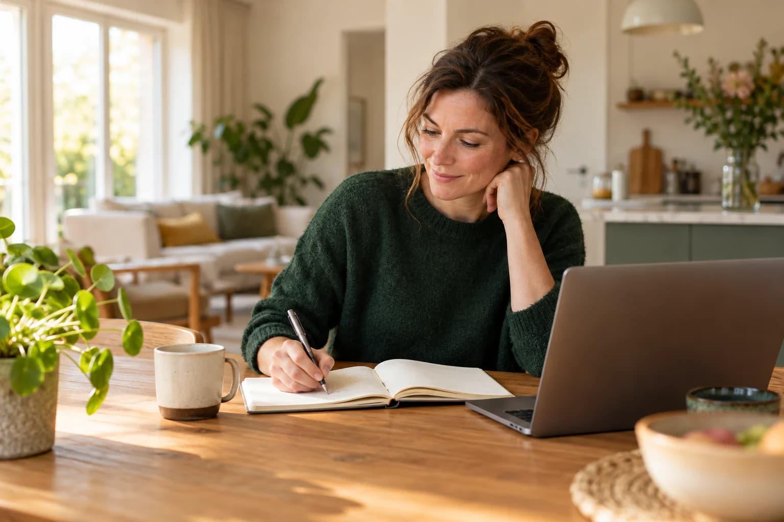 Een vrouw neemt rustig de tijd om haar volgende werkstap te plannen.
